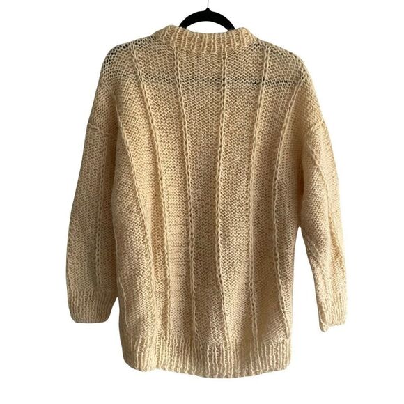 HAND KNIT Wool Chunky Knit Crew Neck Long Sleeve Cable Knit Sweater Cream L - Picture 2 of 4